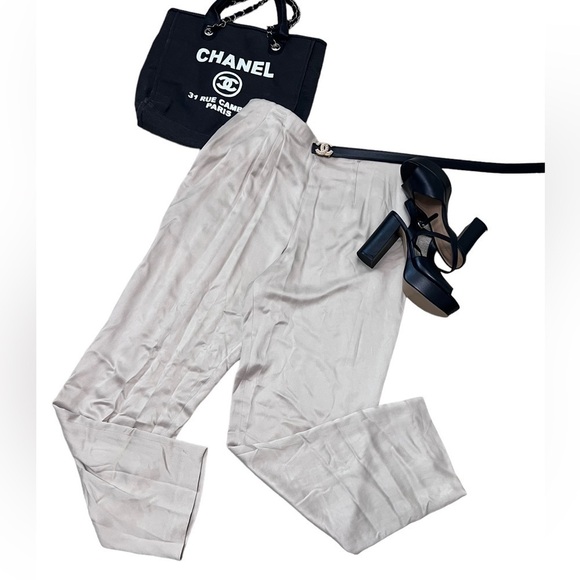 DANA Buchman Khaki Pleated Silk Palazzo Trousers - Picture 6 of 16